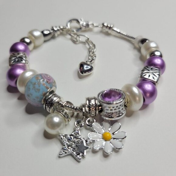 NWT Pandora Style Charm Bracelet Purple Passion Silver White Daisy Stars, Medium - Picture 6 of 7